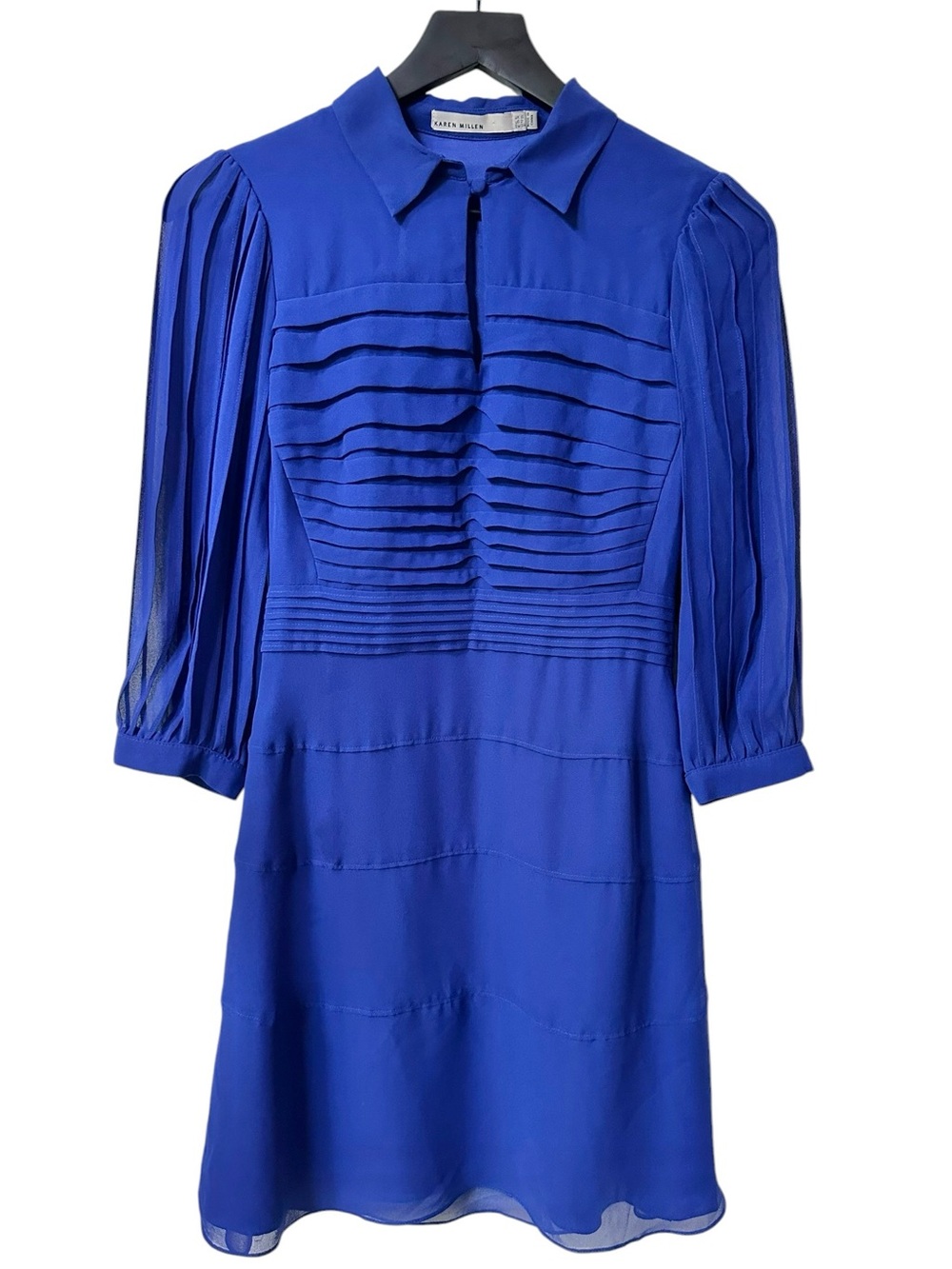 Karen Millen Royal Blue Pleated Quarter Sleeve Keyhole Dress